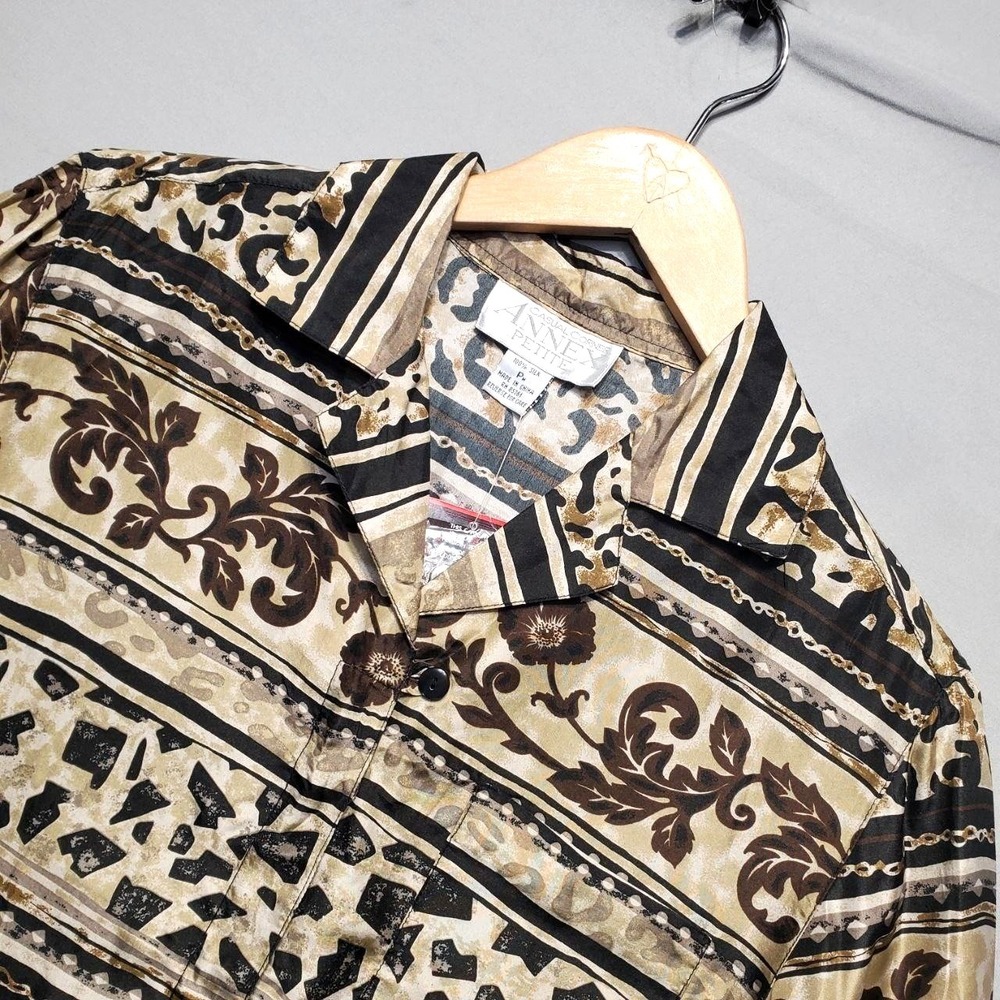 NWT Casual Corner 100% Silk Shirt Womens PM Beige Animal Stripe Boho 90s Y2K Top